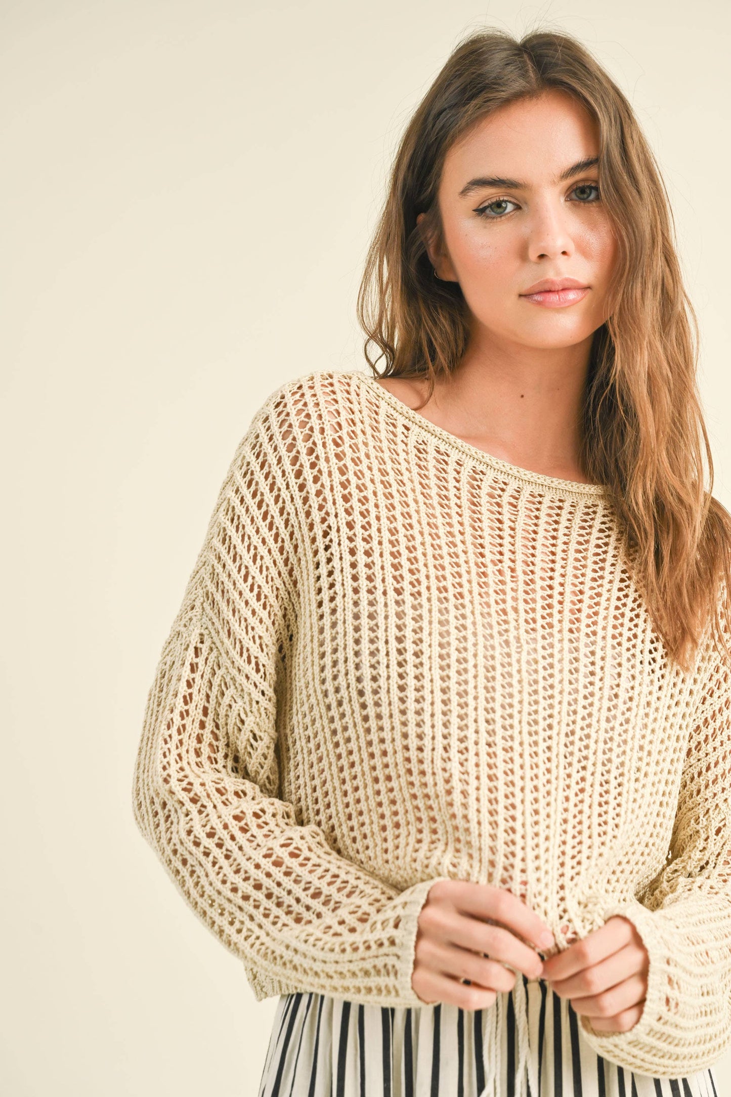 Long Sleeve Crochet Top - Oatmeal