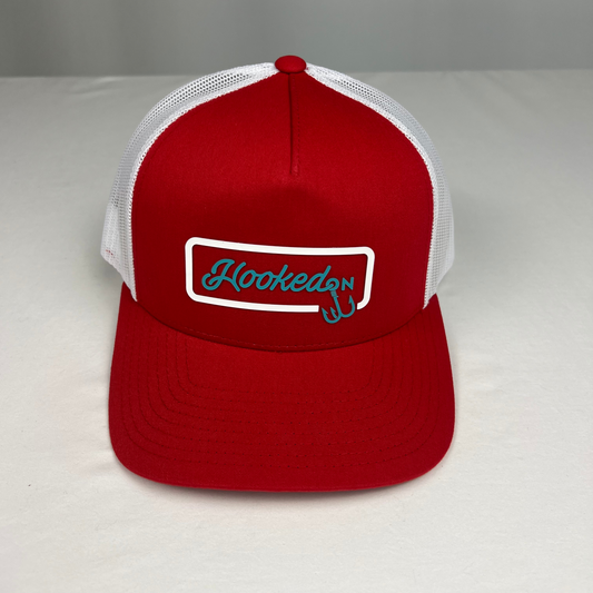 Hooked On Trucker Cap Red/White with Teal